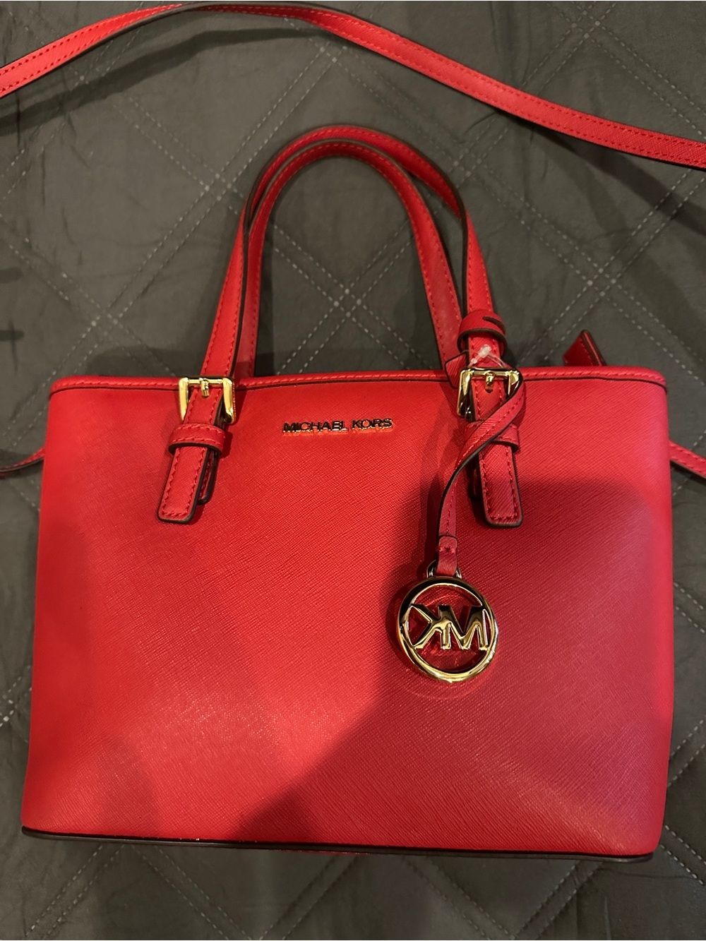 Michael Kors Red Saffiano Satchel with Gold Hardware